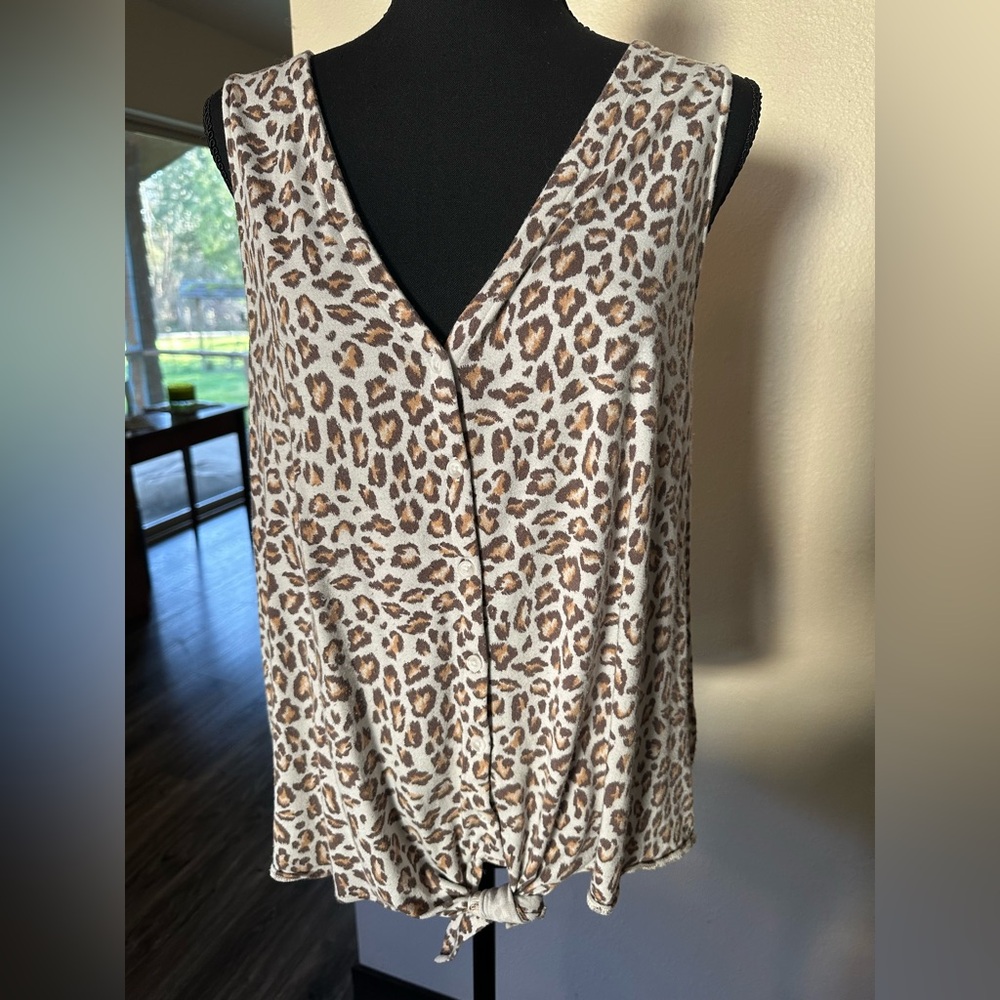Nine West Animal Print V-Neck Blousy Tank, Front Tie, Large
